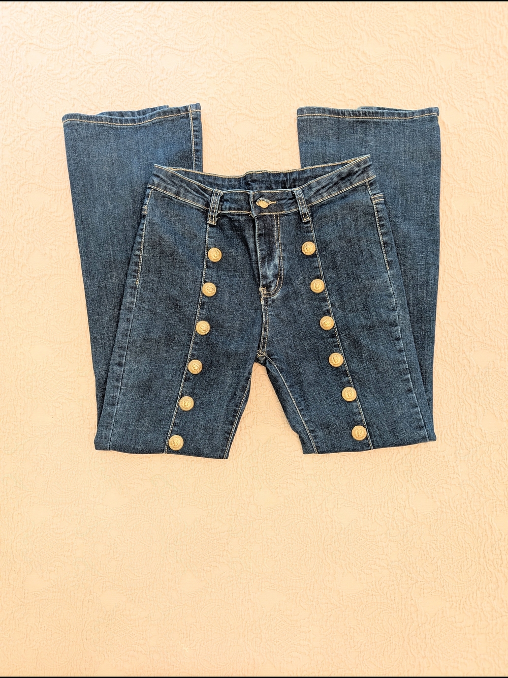 Women’s Dark Blue Flared  Button/Snap-Accent Jeans